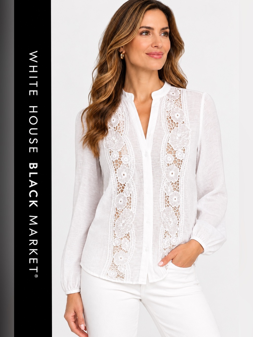White House Black Market White Lace-Panel Mandarin Collar Blouse M